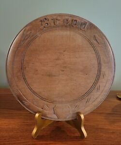 Antique English Carved Wood Round Bread Board Original Surface