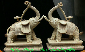 16 Old Chinese Cattle Bone Splice Fengshui Elephant Ruyi Animal Statue Pair