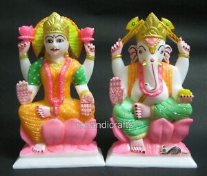 9 Inches Hand Painted Work God Ganesha Maa Laxmi Ji Statue Marble Giftable Murti
