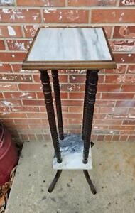 Vintage Walnut Plant Fern Stand Marble Top And Shelf Pedestal Table