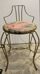 Vintage Vanity Chair Stool Gold Toned Wire Metal Back Missing 1 Foot Protector