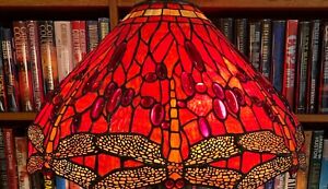 Antique Tiffany Studios Reproduction Red Yellow Dragonfly Leaded Glass Lamp Shad