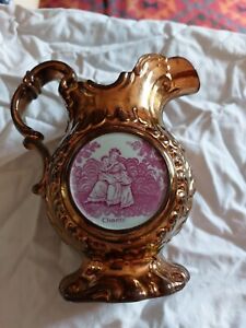 Rare Antique Pottery Copper Luster Jug With Pink Clock Face And Panel C1835 1860