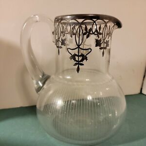 Vintage Sterling Silver Overlay 6 Tall Blown Cut Engraved Glass Pitcher