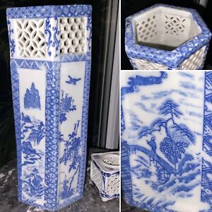  Rare C1900 Chinese Blue White Porcelain Reticulated 12 Brush Pot Cricket Cage