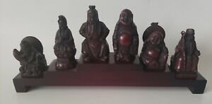 6 Chinese Carved Buddha Figurines W Stand