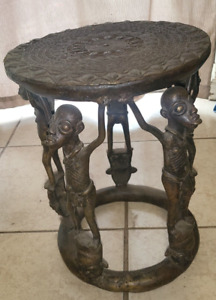 Vintage African Bronze Stool Table Cameroon Bamum Tribal Sculptural Statue