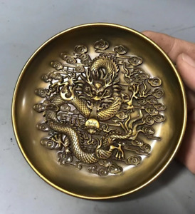 Fortune Chinese Bronze Dragon Statue Collectable Tea Pet Plate Home Decor Art