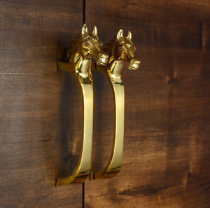 Brass Metallic Pair Of Hand Carved Stallion Horse Door Handles