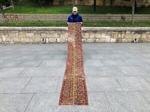 Vintage Turkish Runner Rug With Tribal Design Wool Rug Anatolian Long Runner Rug