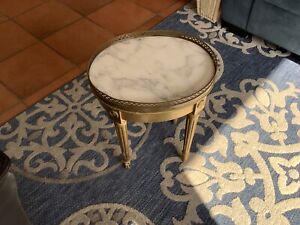 French Made Wood Brass 18 Oval Side Table W Marble Top