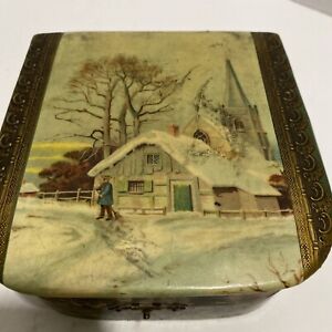 Antique Jewelry Trinket Box Victorian Celluloid Lid Man Sweeping Snow
