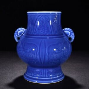 10 2 China Dynasty Porcelain Qianlong Mark Blue Dragon Pattern Double Ear Vase