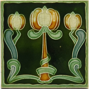 Art Nouveau Majolica Tile Green Triple Tulips Henry Richards Tile Co C1905 Ae1