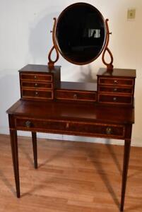 1920 Antique English Sheraton Mahogany Inlaid Vanity Ladies Desk With Mirror