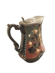 Antique Jackfield Style Floral Jug With Pewter Lid