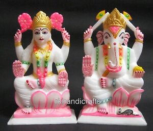9 Inches Marble Gajanan Statue Handmade Lord Ganesha Maa Laxmi For Hallway Decor