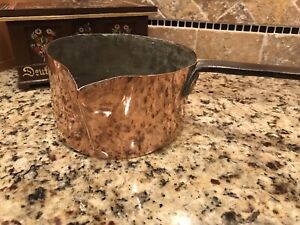 Antique Dovetailed French Copper Pan With Cast Iron Handle And Pouring Spout