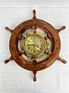 Vintage Quartz Ship S Time Wooden Ship Wheel Brass Clock