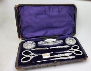 Antique 1894 Levi Salaman Sterling Silver Travel Vanity Pill Box Nail Set Case