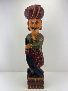 Vintage Rare Indian Rajasthani Statue Royal Guard Hand Carved Painted Wood 18 T