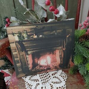 Primitive Victorian Vintage Style Christmas Cabin Fireplace Stockings Hung Sign