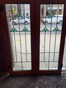 Antique Stained Leaded Glass Cabinet Doors Window Circa 1910 Wtih Oak Frames