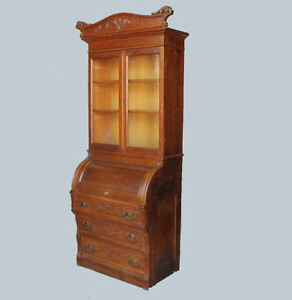 Antique Victorian Oak Cylinder Secretary Bookcase