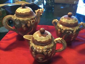 Satsuma Japanese 3 Piece Tea Set Japanese Dragon Ware Antique
