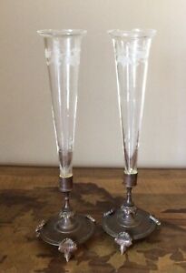 Pair Of Antique Etched Glass On Bronze Base Epergne Flower Bud Vases
