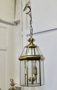 Vintage Art Deco Brass Glass Hall Lantern Pendant Foyer Hanging Light Lamp