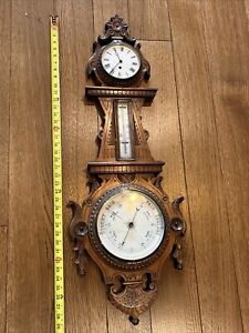 Antique English Victorian 40 Oak Clock Aneroid Barometer Thermometer Carved