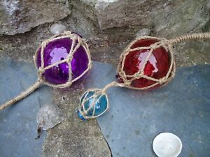 3 Glass Fishing Boat Net Floats Buoys Red Turquoise Purple Balls Garden 55 80