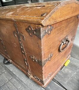 Antique Norwegian Colonial Oak Iron Bound Dome Top Sea Chest Immigrants Trunk
