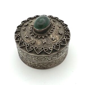 Antique 800 Silver Malachite Floral Beaded Trinket Jewelry Box 48gr