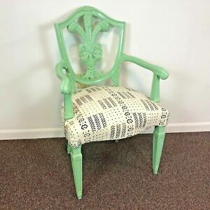 Vintage Painted Carved French Arm Chair W Feather Carved Back New Upholstery