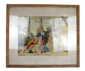 23 X27 Antique 18thc Victorian Romantic Scene Hand Needlepoint Glass Wood Frame