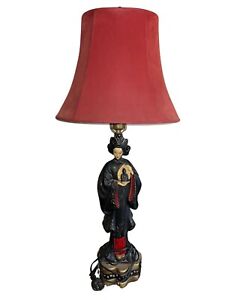 1940 S Hollywood Regency Oriental Lady Holding Buddha Lamp Original Shade