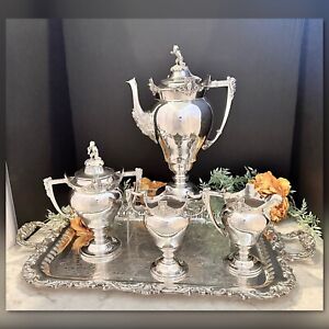 Antique Meridian Britannia Tea Set Victorian Figural Late 19th C Monogramed 