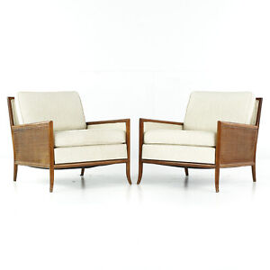 T H Robsjohn Gibbings Mid Century Cane Sided Lounge Chairs Pair
