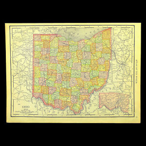 Vintage Ohio Map Wall Art Decor Original Columbus Cleveland Antique Dated 1914