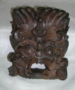 Large Chinese Wooden Carved Fu Foo Dog Lion Dragon Wall Mask Sculpture 11 Tall