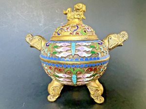 Antique Chinese Enamel Cloisonne Butterfly Foo Dog Elephant Brass Incense Burner