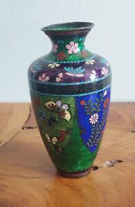 Vintage Japanese Meiji Cloisonne Ginbari Floral Butterfly Vase 6 5 
