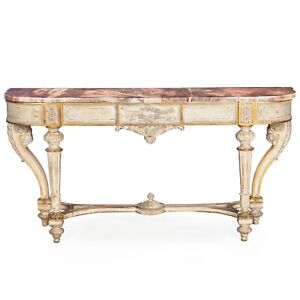 French Louis Xvi Style White Painted And Parcel Gilt Violet Marble Console Table