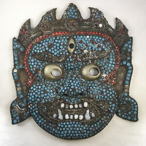 Tibetan Mahakala Old Buddhist Brass Mask Gemstones Coral Turquoise White Onyx