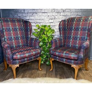 Baker Furniture Upholstery Wingback Chairs Vtg Plaid Blue Purple Local Pickup