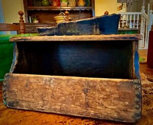 Primitive Shoeshine Folk Art Wooden Box Ancient Hardware Interior Blue Paint