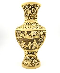 Vintage Asian Carved Cinnabar Resin Vase Off White Faux Landscape Child Ornate