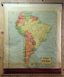 Vintage Cram S South America Map Pull Down Roll Up 51 X 62 Markable Washable